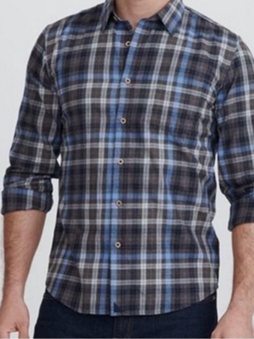 Untuckit Mens Carano Plaid Flannel Slim Fit Shirt Grey Blue Plaid Long Sleeve S